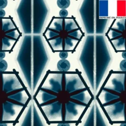 Velours écru imprimé rosaces noires et bleues
