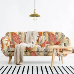 Velours écru motif feuilles art déco orange et or
