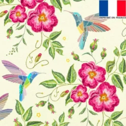 Velours écru motif fleurs roses effet brodé