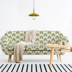 Velours écru motif poinçon de lys et feuille vert