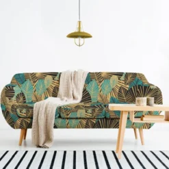 Velours gold motif feuilles art déco noires et bleu canard
