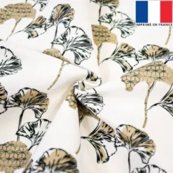 Velours grège imprimé ginkgo et asanoha beige et noir