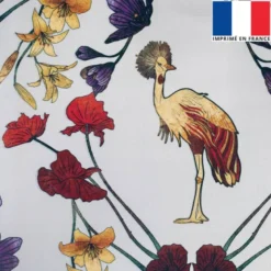 Velours grège imprimé grue royale et fleurs ocre, rouges et violettes