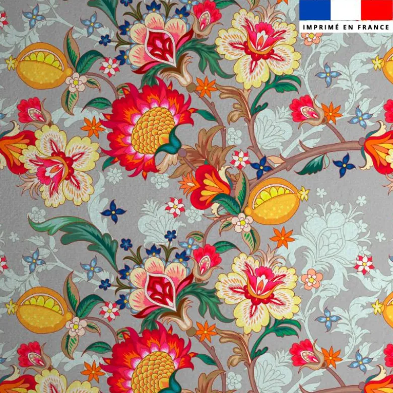 Velours gris imprimé grande fleur japonaise