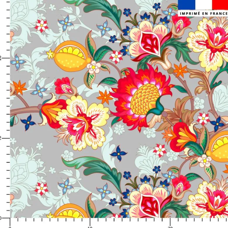 Velours gris imprimé grande fleur japonaise
