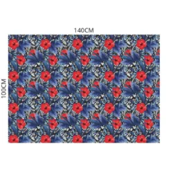 Velours motif hibiscus noir bleu et rouge