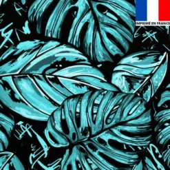 Velours noir motif feuille pop bleue et blanche