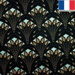 Velours noir motif plume de paon art déco or et vert pastel