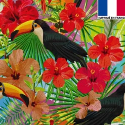 Velours ras bleu turquoise imprimé hibiscus et toucan