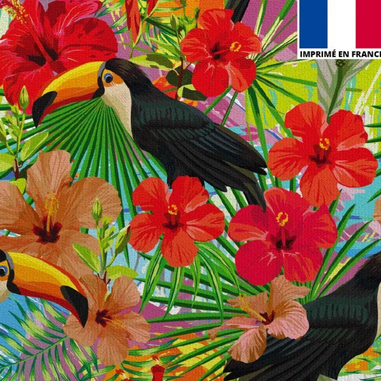 Velours ras bleu turquoise imprimé hibiscus et toucan