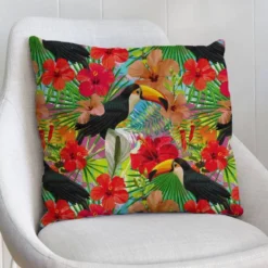 Velours ras bleu turquoise imprimé hibiscus et toucan