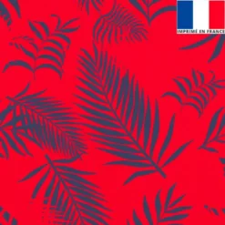 Velours rouge vif imprimé feuille de palmier bleu turquin