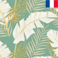Velours vert d'eau motif feuille de palmier écrue et dorée
