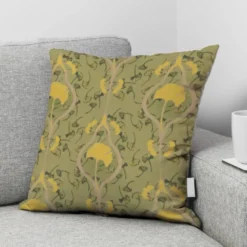 Velours vert tilleul imprimé grand ginkgo beige
