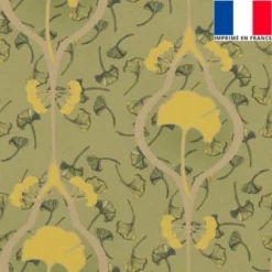 Velours vert tilleul imprimé grand ginkgo beige