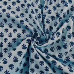 Voile de coton indien rayures lurex bleu motif fleurs grises et bleues