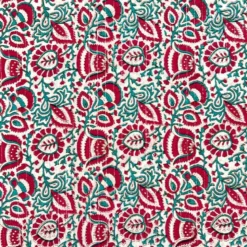Voile de coton indien rayures lurex écru motif fleurs rouges framboiseet vertes