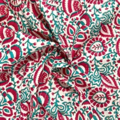 Voile de coton indien rayures lurex écru motif fleurs rouges framboiseet vertes