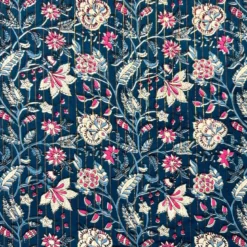 Voile de coton indien rayures lurex bleu motif fleurs blanches et bleues