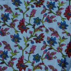 Voile de coton indien rayures lurex bleu clair motif fleurs bleues et prunes