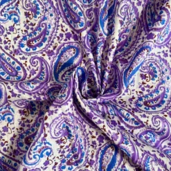 Voile de coton indien rayures lurex blanc motif cachemire violet et bleu