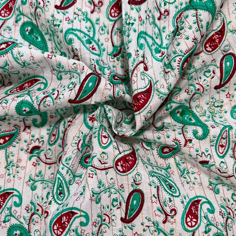 Voile de coton indien rayures lurex blanc motif cachemire vert clair et lie de vin