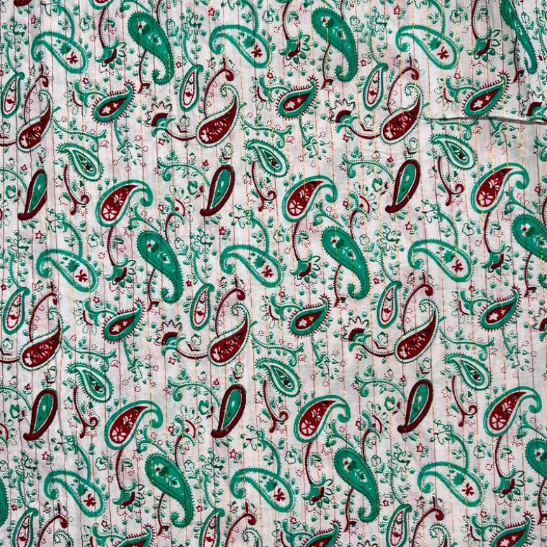Voile de coton indien rayures lurex blanc motif cachemire vert clair et lie de vin