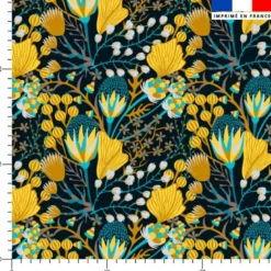 Voile de coton lurex motif fleur bohème ocre et turquoise