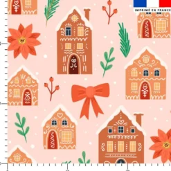 Voile de coton lurex motif maison en pain d'épices enneigée et feuille