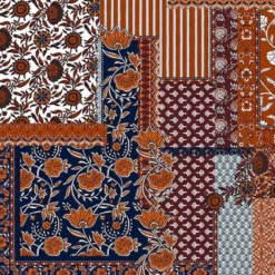 Voile de coton patchwork ethnique bleu terracotta et lie de vin